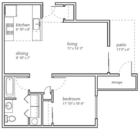 A floor plan of a small apartment with a kitchen, dining area, bedroom, and storage space.